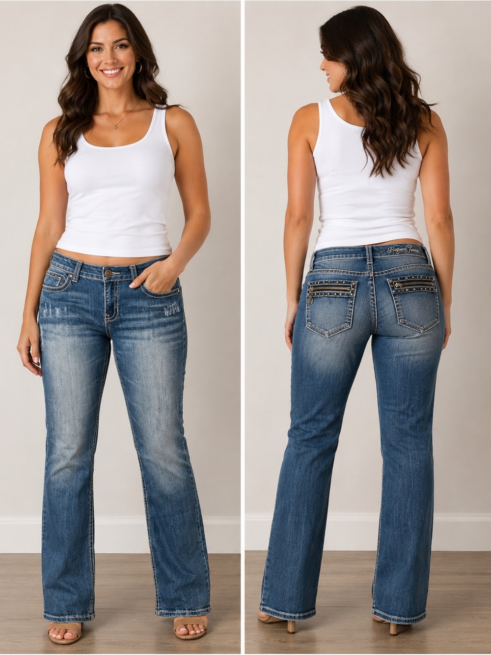 Request Jeans Size 17/36 Medium Blue Straight Leg Studded Back Zip Pockets
